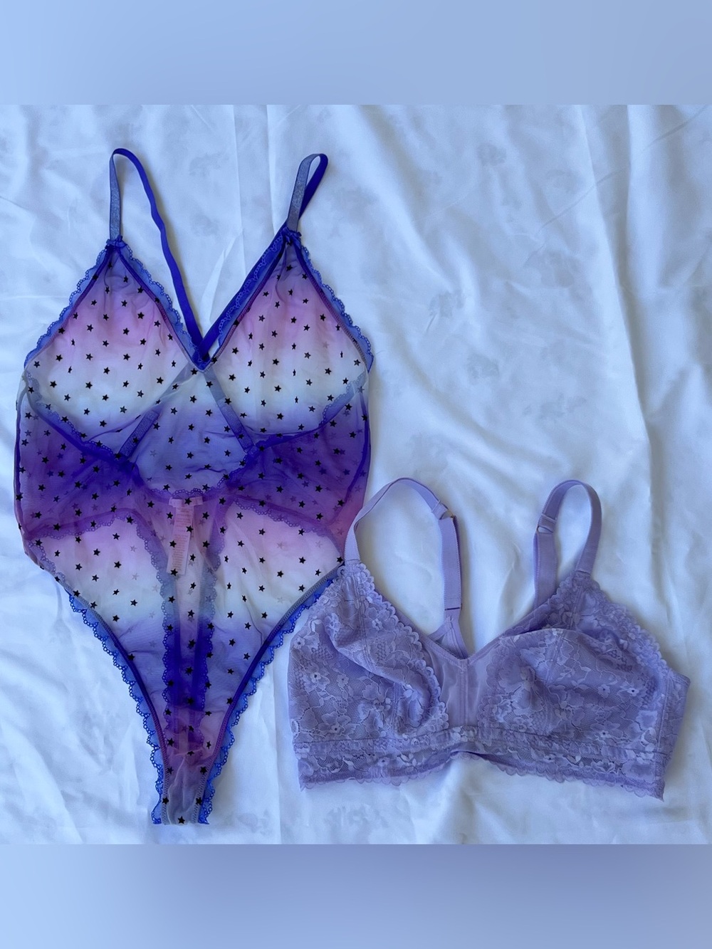 Savage X Fenty Sheer Star-Print Mesh Bodysuit & Lace Bralette in Purple Gradient